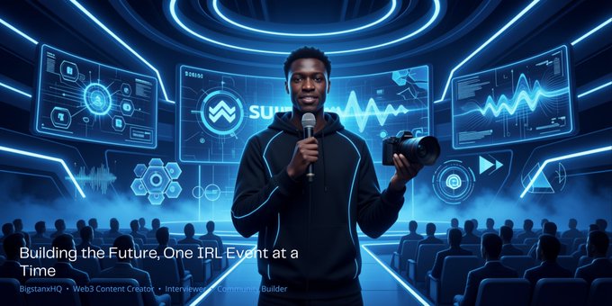 A promotional image for BigstansHQ showing a young man holding a microphone and camera in a futuristic blue-lit event space, with text 'Building the Future, One IRL Event at a Time' and 'Web3 Content Creator • Interviewer • Community Builder.'