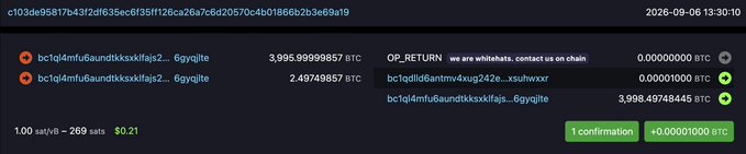 A blockchain transaction explorer view showing transaction c1034e95817b43fd2f635ec6f35f1126ca26a7c6d20570c4b01866b2b3e69a19 dated 2026-09-06 13:30:10, displaying two outputs from address bc1ql4mlfu6audtkksxlfaqjs2...6gyqilte sending 3,995.99999857 BTC and 2.49749857 BTC, with one OP_RETURN message reading "we are whitehats. contact us on chain" and an incoming 3,998.49748445 BTC return to the same address, with a current value of $0.21 and 1 confirmation showing +0.00001000 BTC.