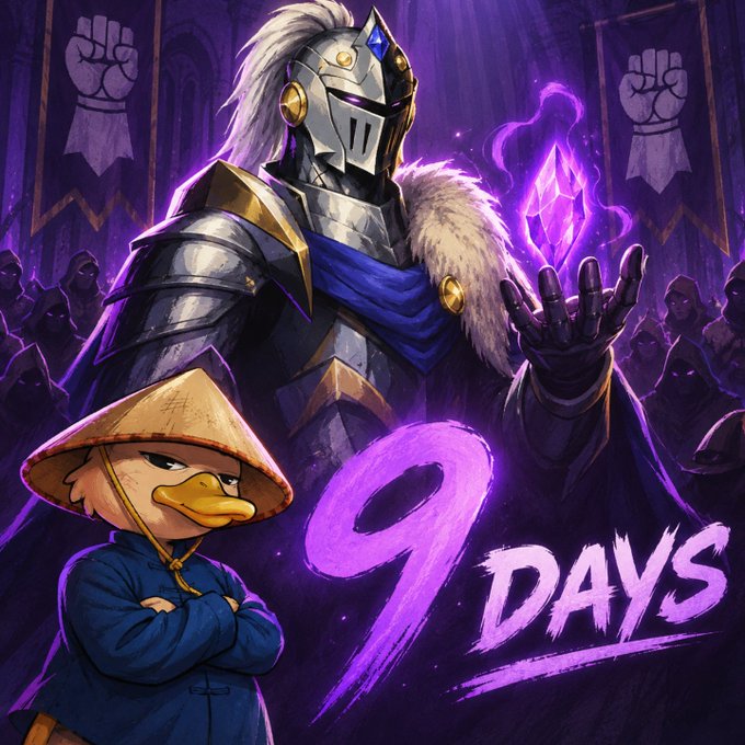 Digital artwork featuring a knight in silver armor holding a glowing purple crystal, standing behind a cartoon duck character in a conical hat and blue robe, with '9 DAYS' written in purple text.