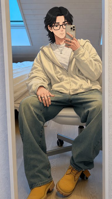 An illustrated mirror selfie of a young man with dark hair and glasses, wearing a beige hoodie, baggy blue jeans, and tan boots, sitting on a chair in a bedroom.