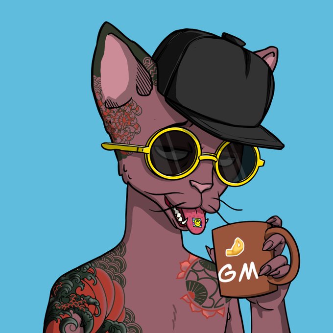 A stylized cartoon illustration of a tattooed, sunglasses-wearing cat holding a mug labeled 'GM' against a light blue background.