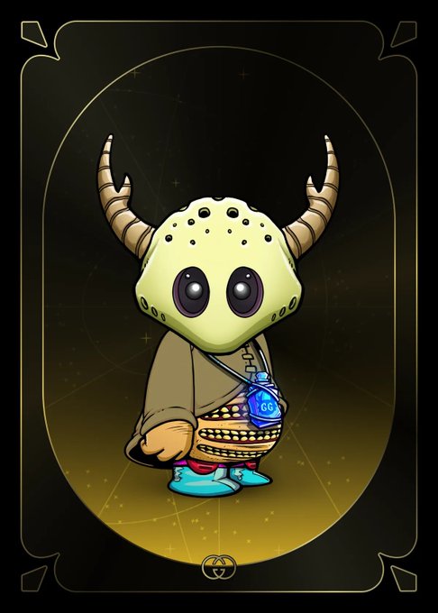 A stylized tarot card illustration of a small, cartoonish character wearing a horned mask, a brown coat, and blue sneakers, holding a glowing blue vial labeled "GG".