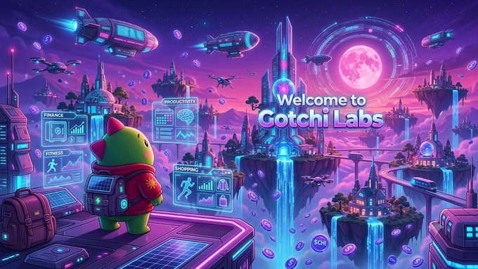 A vibrant, futuristic digital illustration welcoming viewers to "Gotchi Labs," featuring a green cartoon character overlooking a neon-lit floating city with spaceships.