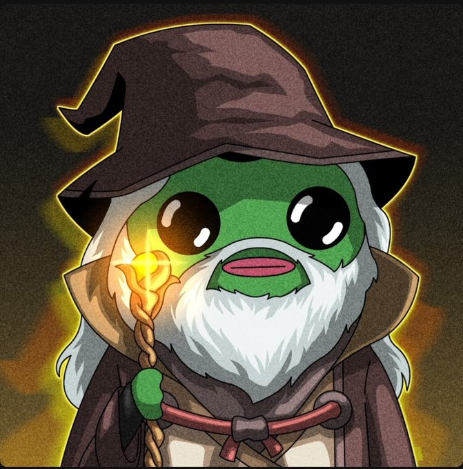The image features a cartoon character with a big nose, green skin, and white hair wearing a brown hat that has a gold trim. The character appears to be holding a wand or a staff, which could indicate they are a wizard or a magical being. The background of the image is black, making the character stand out even more. In the corner of the image, there's text that reads "I love Fwogs I love $FWOG". This text seems to be related to the cartoon character and might be part of a promotional campaign for an event or merchandise featuring the character.