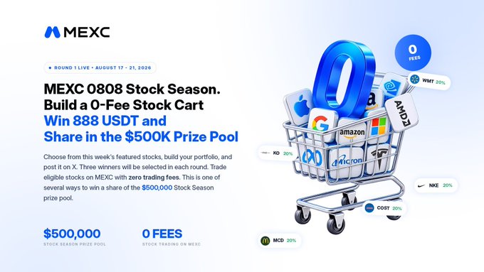 A promotional advertisement for 'MEXC 0808 Stock Season' trading event (August 17-21, 2026) featuring 0-fee stock trading with a $500,000 prize pool, showing a shopping cart graphic with stock tickers like COIN, NFLX, WMT, AAPL, NKE, KO, MCD, COST, and ai.com.