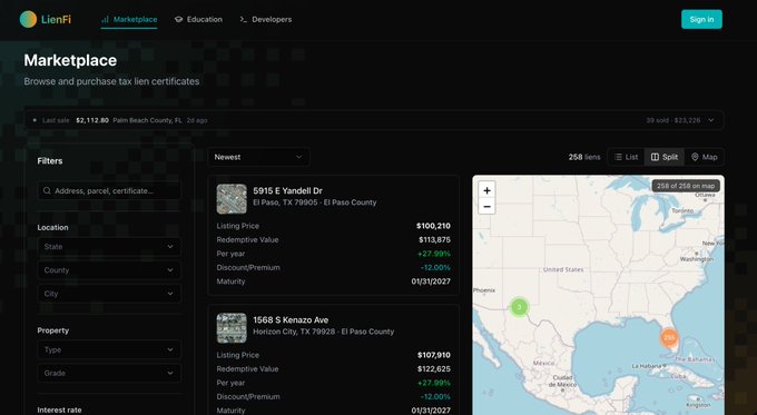 A screenshot of the LienFi Marketplace, a tax lien certificate platform on Base, showing property listings such as "6915 E Yandell Dr" in El Paso, TX ($100,210) and "1568 S Kenazo Ave" in Horizon City, TX ($107,910) with a map displaying 268 items across the United States. The interface illustrates the project's core functionality of buying and selling tax certificates, aligning with the post's introduction of @lienfiapp as a marketplace for tax lien trading.