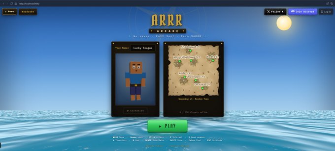 A pirate-themed video game lobby screen titled 'ARRR ARCADE' showing two character cards, a server map, and a large green 'PLAY' button.