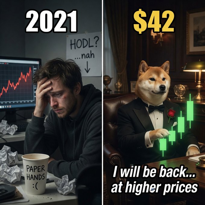 A split image contrasting a distressed "Paper Hands" trader in 2021, with crumpled paper, a "HODL?... nah" sign, and a declining chart, against a confident Doge (Shiba Inu) mascot in a tuxedo celebrating "$42" gains with a rising green chart and the caption "I will be back... at higher prices." The post's message about "$DOGE" leading "paper hands" to victory aligns with the meme's theme of patience and holding through losses being rewarded with massive price recovery.