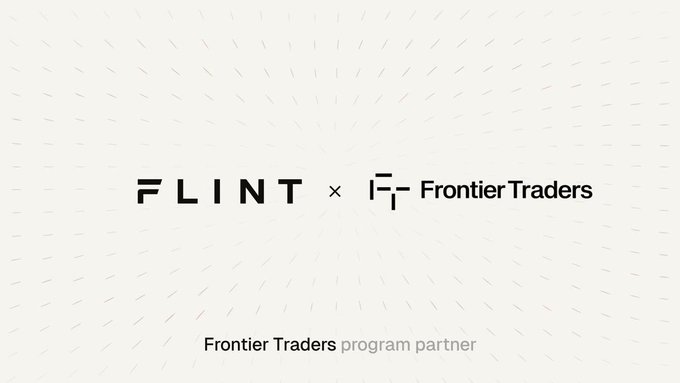 The image displays a partnership announcement between "FLINT" and "Frontier Traders," with "Frontier Traders" labeled as a program partner, reinforcing the post's message about Flint's new Solana quoting benefits and Frontier Traders' rebate pools for makers.