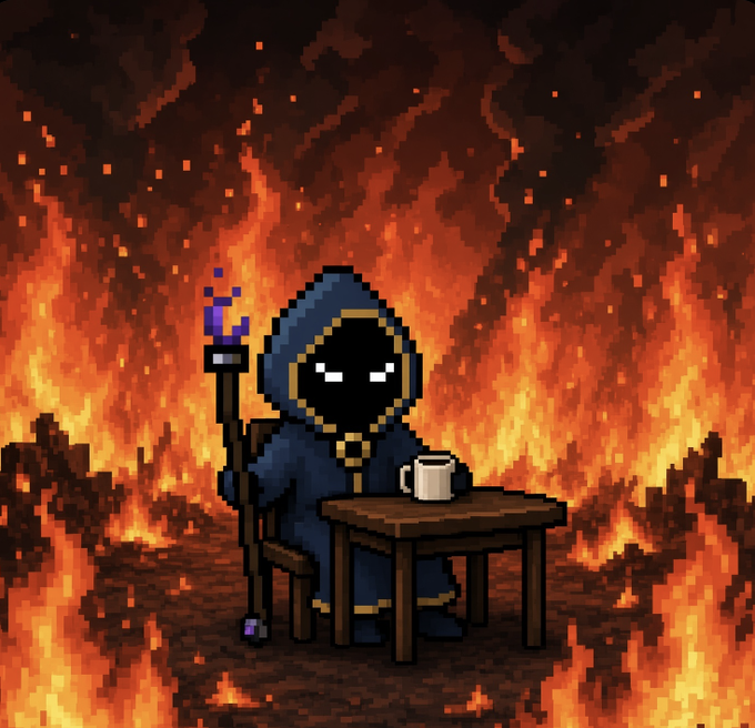 Pixel art of a hooded grim reaper character with glowing white eyes sitting at a table with a coffee mug and staff, surrounded by flames and smoke.