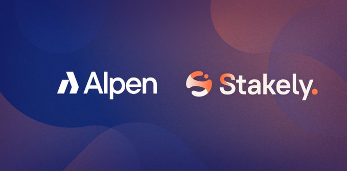 A promotional graphic featuring the logos for "Alpen" and "Stakely" on a dark purple and blue background.