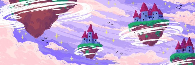 A pixel art illustration showing multiple floating islands with small castles and wind swirls, set against a purple sky with clouds, birds, and sparkles.