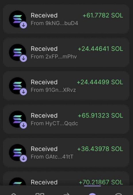 A mobile screenshot displays a list of Solana wallet transactions, showing multiple "Received" entries in green amounts including +61.7782 SOL, +24.44641 SOL, +24.44499 SOL, +65.91323 SOL, +36.43978 SOL, and +70.21867 SOL from various senders (9kNG...buD4, 2xFP...mPhv, 91Gn...XRvz, HyCT...Qqdc, and GAtc...41tT). This image serves as "proof" for a giveaway promotion asking users to drop their $SOL addresses for a free crypto drop.