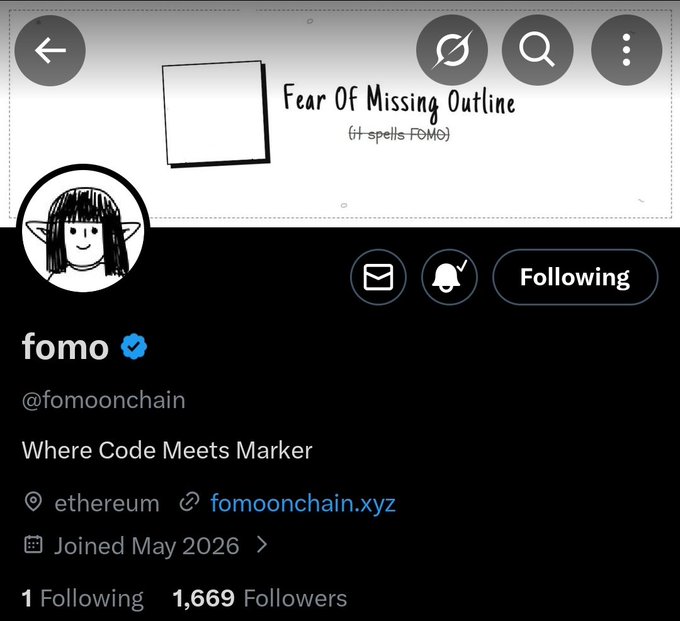 The image shows a social media post from a user named @fomoonchain. The post features a black background with white text that reads "Fear Of Missing Out (FOMO)". Below this, there are two lines of text providing information about the account and its followers. The first line states that the account has 10k followers, while the second line mentions that they have been joined by 1,639 new followers in May 2016.