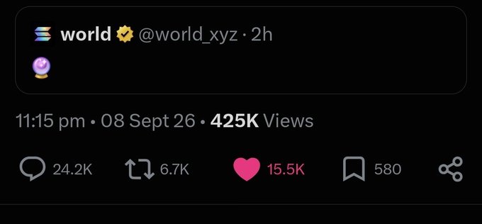 A social media post screenshot from @world_xyz showing a crystal ball emoji, with 425K views, 24.2K comments, 6.7K reposts, and 15.5K likes dated 08 Sept 26 at 11:15 pm.