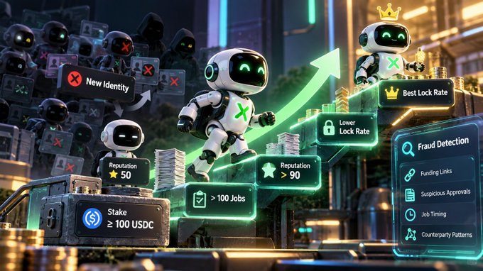 A 3D rendered cyberpunk scene depicting robot characters climbing a green upward arrow through stages like "New Identity," "Stake ≥ 100 USDC," "> 100 Jobs," and "Best Lock Rate," with a Fraud Detection panel showing funding links and counterparty patterns.