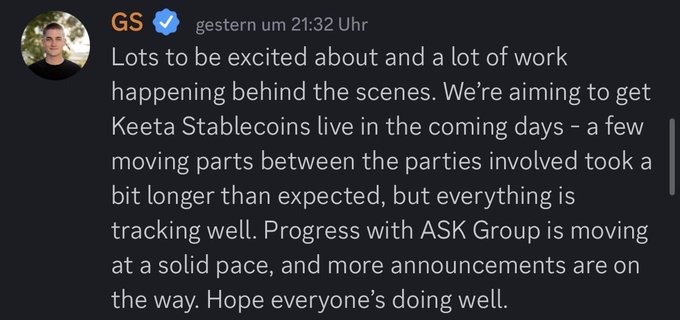 A Discord or social media post by verified user 'GS' dated 'gestern um 21:32 Uhr' discussing Keeta Stablecoins launch plans and ASK Group progress.