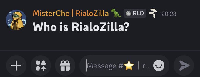 A screenshot of a Telegram post by MisterChe | RialoZilla asks "Who is RialoZilla?" at 20:28, complementing the accompanying text where the user introduces themselves as @RialoHQ and praises the project's genuine community, working technology, and proper approach to RWA (Real World Assets).