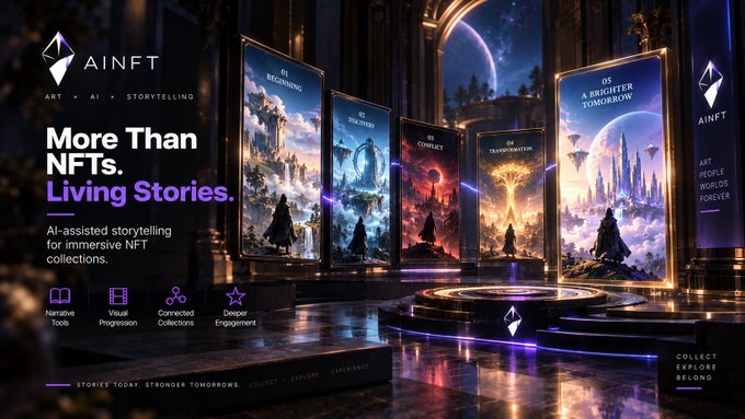 An AINFT promotional banner advertises 'More Than NFTs. Living Stories.' featuring AI-assisted storytelling for NFT collections, displaying fantasy artwork panels numbered 01-05 against a cosmic background.