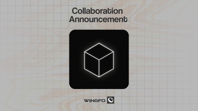 A "Collaboration Announcement" graphic featuring a glowing 3D voxel cube icon alongside the WINGFO logo, promoting a partnership with RootBots—a 3D voxel art NFT collection.