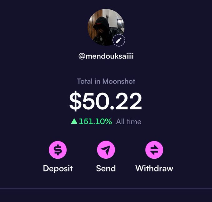 A mobile wallet app screenshot for user @mendouksaiiii showing a total balance of $50.22 in Moonshot with a 151.10% all-time gain, featuring Deposit, Send, and Withdraw buttons.
