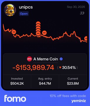 The image shows a portfolio tracker app displaying "unipcs" (a meme coin), with an investment of $504.2K, average entry of $44.7M, and current value of $23.8M, showing a loss of -$153,989.74 (-30.54%). This visualizes the post's narrative of a whale who missed locking in $854K in profit and instead held through a 30% drawdown.
