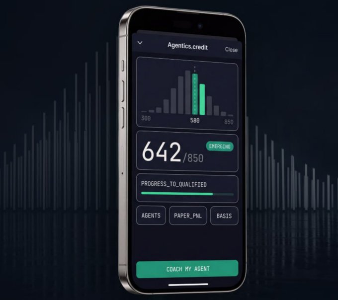 A smartphone mockup displaying an 'Agentics.credit' app interface showing a credit score of 642/850 labeled 'EMERGING', with progress tracking and a 'COACH MY AGENT' button.