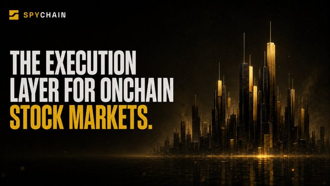 A dark promotional banner featuring the SpyChain logo with the tagline "THE EXECUTION LAYER FOR ONCHAIN STOCK MARKETS." displayed beside a golden futuristic cityscape, visually reinforcing the post's focus on SpyChain building infrastructure for onchain stock trading through the $SPYC token.