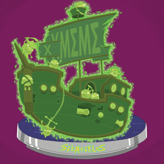 A cartoon ghost pirate ship glows with eerie green flames, flying a banner that reads "XMEME" while surrounded by tiny green skulls, with the name "Schmeckles" displayed on its base—matching the post's description of the "XSCHMEME" buccaneer crew sailing the crypto seas in spectral green chaos.