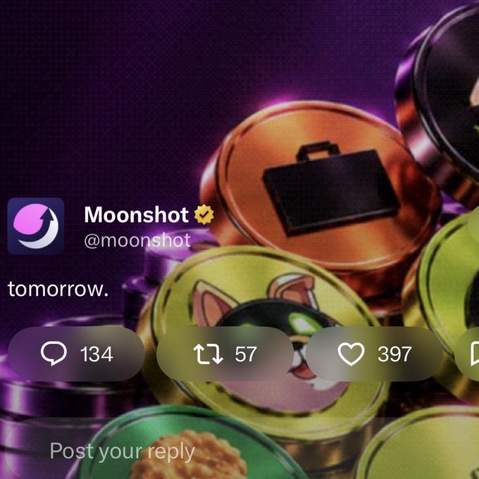 A social media post screenshot from account 'Moonshot' (@moonshot) captioned 'tomorrow.' displays a background of colorful coins featuring a briefcase and a cartoon rabbit face, with engagement metrics showing 134 comments, 57 reposts, and 397 likes.