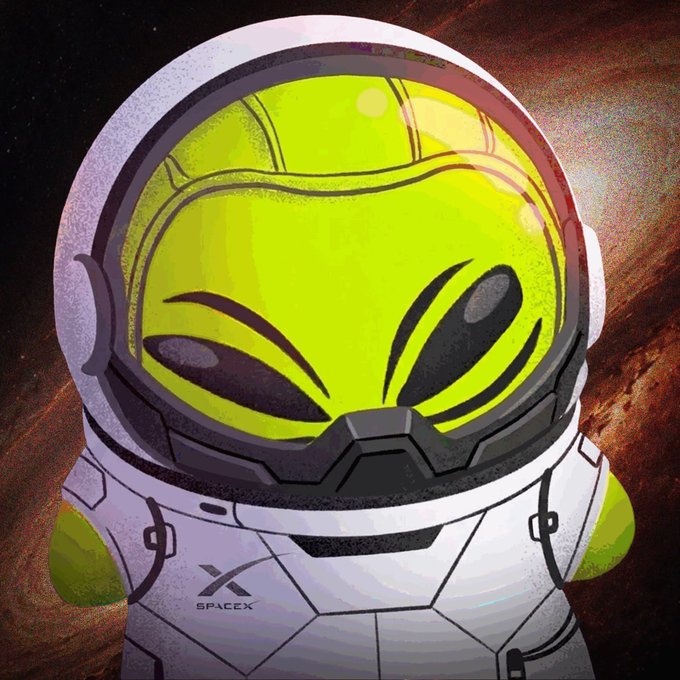 A stylized illustration features a green alien in a white SpaceX spacesuit and helmet with a reflective green visor, set against a cosmic orange and black background.
