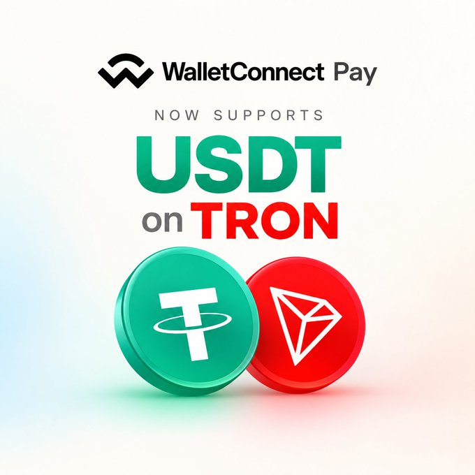 A promotional graphic for WalletConnect Pay announcing 'NOW SUPPORTS USDT ON TRON,' featuring the green USDT (Tether) and red TRON cryptocurrency logos.