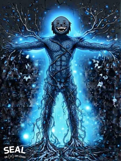 A surreal digital illustration titled 'SEAL ON (X) XRP LEDGER' depicting a glowing blue humanoid figure with a smiling face and outstretched arms, with its body formed by intertwining branches and roots.