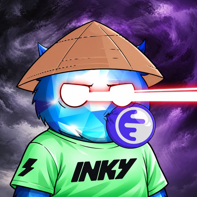 A digital illustration of a blue diamond-shaped character wearing a conical hat and a green shirt reading 'INKY,' with glowing red laser-beam eyes.