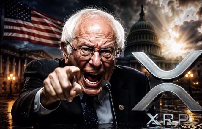 A dramatic composite image features an angry Bernie Sanders pointing at the viewer, with an American flag, the U.S. Capitol, and a large silver XRP logo in the background.