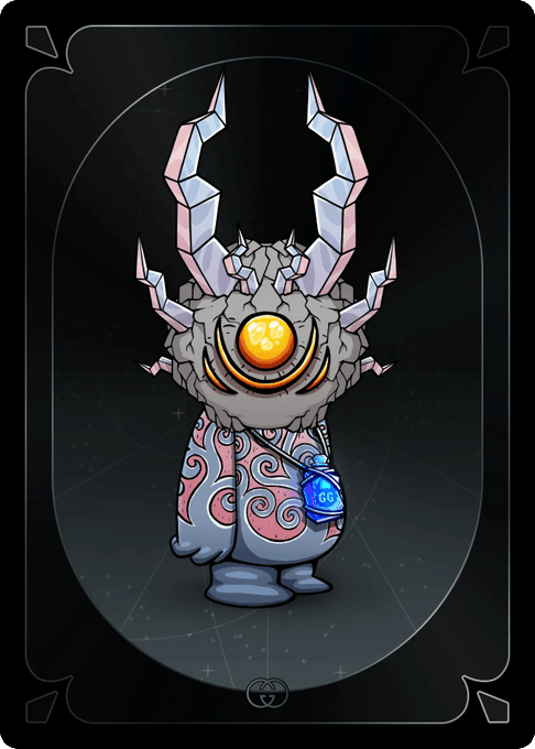 A stylized illustration of a cute creature with large crystalline antlers, a single glowing orange eye, and intricate patterns on its body.