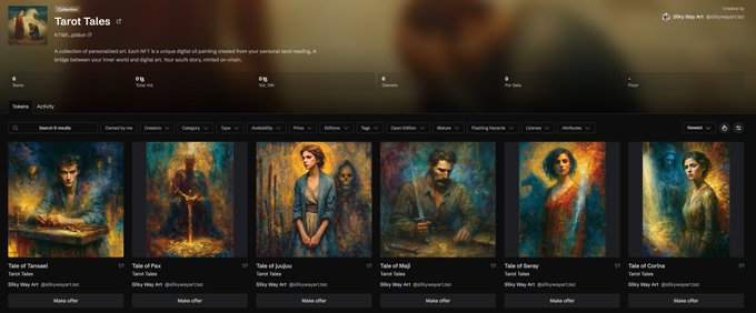 A NFT marketplace interface showing a collection called 'Tarot Tales' by @tulip_orlicon, displaying a grid of tarot card-style digital paintings of various characters in artistic, painterly styles.