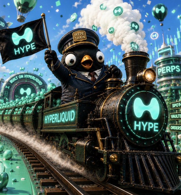 A penguin conductor waves a "HYPE" flag while driving a steam locomotive branded with "HYPERLIQUID" and "HYPE" logos through a futuristic cityscape labeled with "PERPS" and "SPOT," fueling the post's optimistic call for $HYPE to reach triple-digit price targets.
