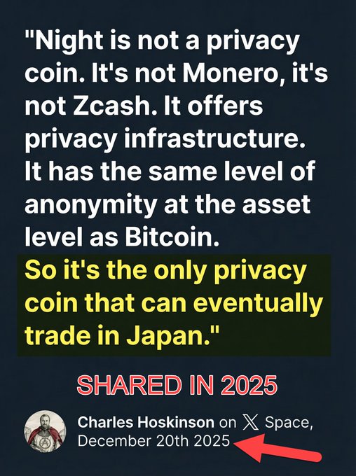 A quote graphic featuring Charles Hoskinson stating 'Night is not a privacy coin' with highlighted text claiming it's the only privacy coin that can trade in Japan, shared on X Space December 20th 2025.