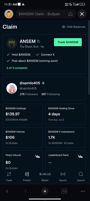 Bullpen app screenshot showing $ANSEM Claim details for @opmilo405, with $135.97 in holdings and a 'Trade $ANSEM' button.