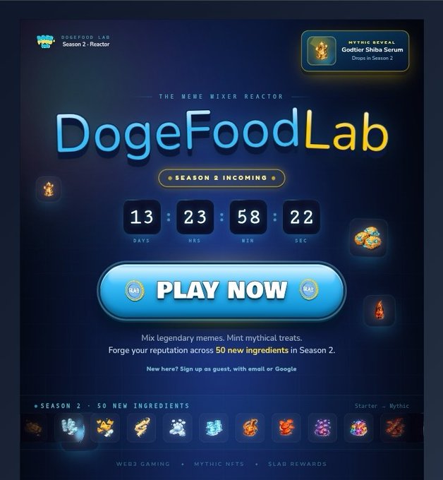 The image shows a blue background with white text that reads "Season 2 Coming Soon". This information is related to the game "DOGEFOODLAB" as indicated by the title of the image, which displays the game's name along with its release date and season number.