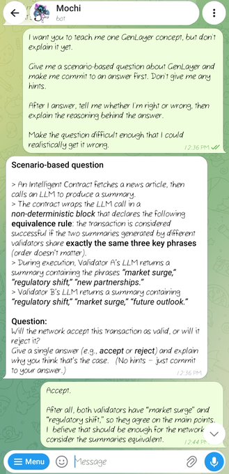 A chat interface with a bot named 'Mochi' discussing a GenLayer concept about non-deterministic smart contracts and an 'accept' or 'reject' scenario.