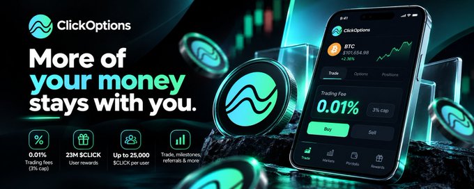 A digital advertisement for 'ClickOptions' featuring the slogan 'More of your money stays with you,' displaying a smartphone trading interface for BTC with a 0.01% trading fee and a glowing cyan logo.