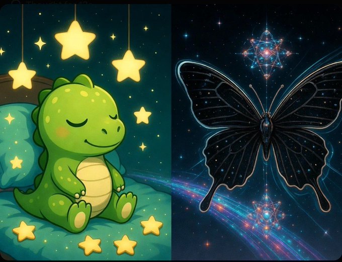 A side-by-side illustration pairs a cuddly green dinosaur sleeping peacefully among glowing stars on the left with a luminous cosmic butterfly surrounded by intricate geometric quantum patterns on the right—juxtaposing comforting familiarity with the awe-inspiring complexity of quantum computing, echoing the post's theme of blending everyday computing with advanced quantum power and security through @quipnetwork.
