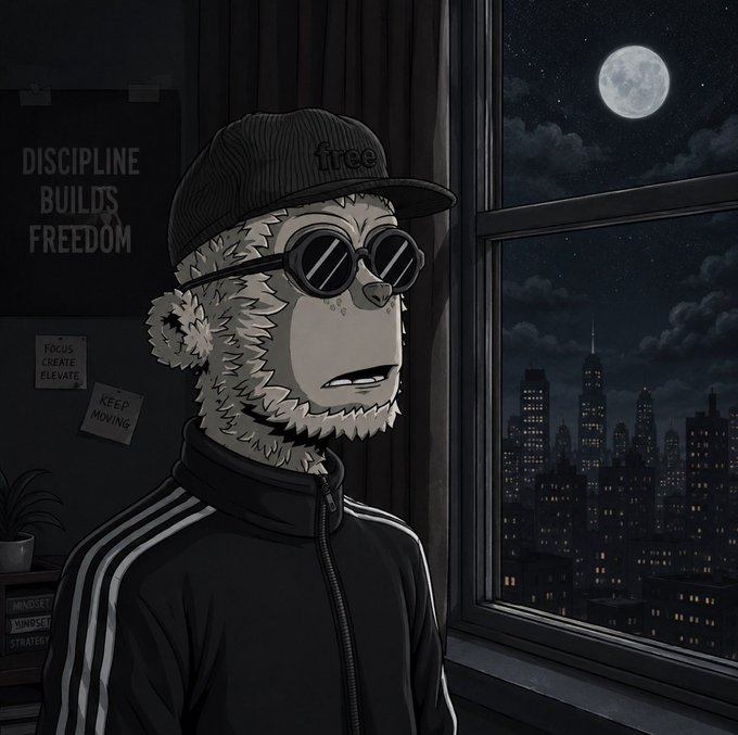 An anthropomorphic monkey wearing sunglasses and a "free" cap stands by a window overlooking a moonlit city skyline, with motivational posters behind it reading "DISCIPLINE BUILDS FREEDOM," "FOCUS CREATE ELEVATE," and "KEEP MOVING." The nighttime setting, contemplative pose, and discipline-focused decor pair with the post's "Good Night" farewell and hopeful wish for profitable gains.