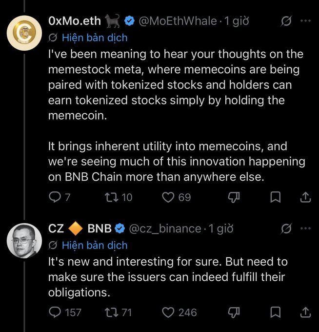 A Twitter exchange shows @MoEthWhale pitching CZ (@cz_binance) on a "memestock meta" where memecoins are paired with tokenized stocks to reward holders, noting BNB Chain is leading this innovation. CZ responds cautiously, calling it "new and interesting" but emphasizing the need to verify issuers can fulfill their obligations.