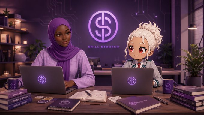 Two individuals—a woman in a purple hijab and an anime-style character with white hair—are working on laptops branded with the Skill Stacker ($) logo, surrounded by books on creator economy, web3, and skill development, visually reinforcing the post's theme of personal growth and stacking $STKR tokens as part of their evolving journey.