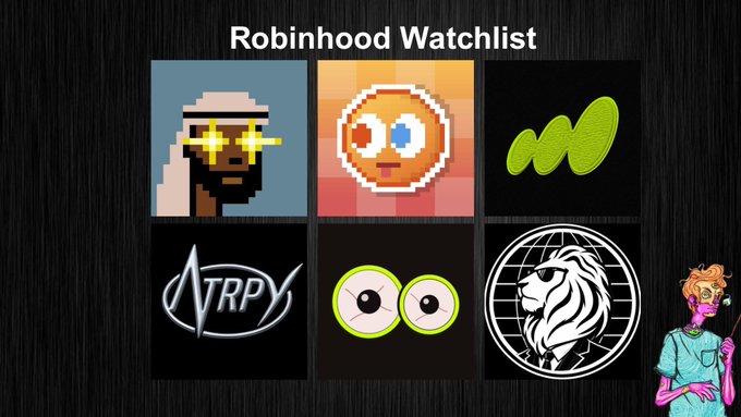 A 'Robinhood Watchlist' thumbnail showing six meme coin icons in a grid, including a pixelated figure, a Pepe-style character, and various logos, with a cartoon character in the corner.