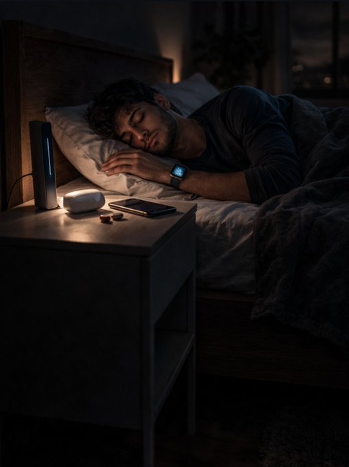 The image shows a man sleeping peacefully on his bed, with a nightstand next to him that has a phone, lamp, and other items on it. The scene also includes text about the crypto market and how it's working behind the scenes to make it more accessible for everyday people.
