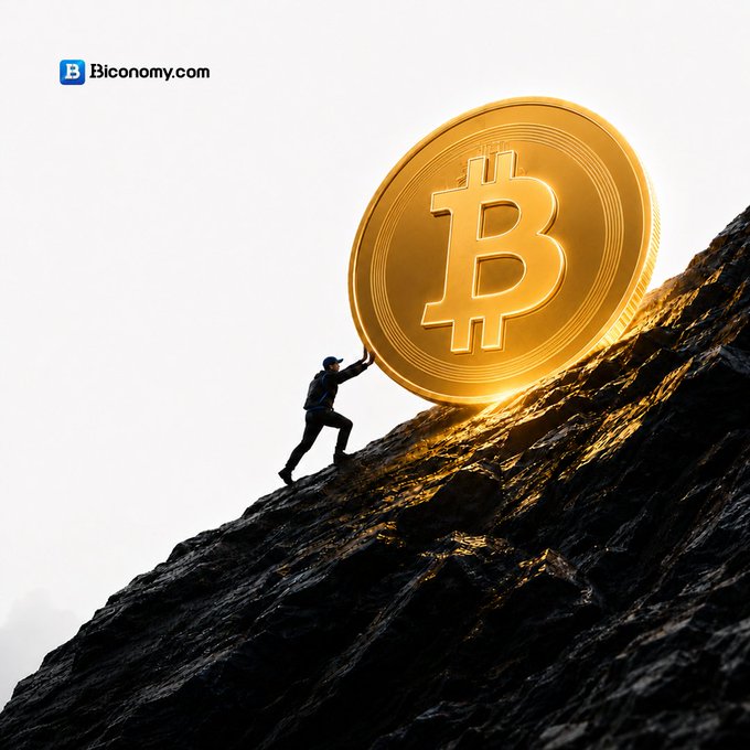 A person pushes a giant golden Bitcoin coin up a steep rocky mountain, with a 'B Bconomy.com' logo in the top left corner.